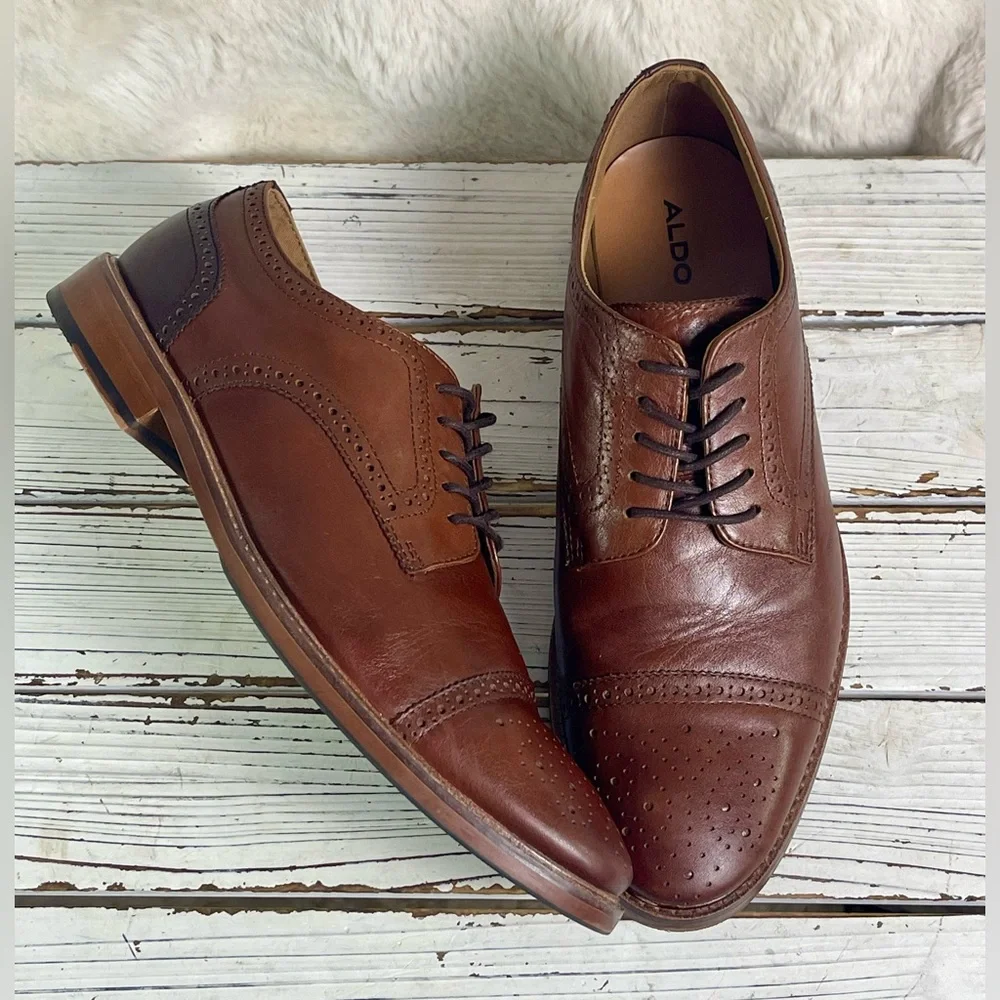 CLEAN Size 9 ALDO Men's Dress Shoes Oxford Derby Cap Toe Leather Cognac 42 EUR‎